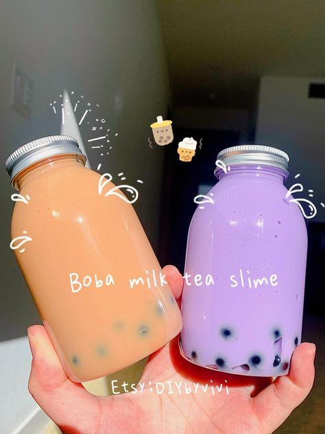 Boba Milk Tea Slime 2oz or 8oz Smooth Slime Great for Kids | Etsy Boba Slime, Aesthetic Boba, Cheap Slime, Taro Milk Tea, Slime Ideas, Bubble Tea Recipe, Boba Milk Tea, Glossy Slime, Bubble Tea Boba