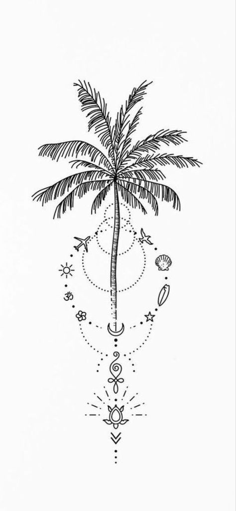 Beach Tattoo Ideas, Beachy Tattoos, Palm Tattoos, Tree Tattoo Designs, Palm Tree Tattoo, Sand And Sea, Beach Tattoo, Spine Tattoos For Women, Cute Tattoos For Women