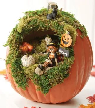 Diy Halloween Fairy Garden, Fairy Garden Pumpkin, Fairy Garden Design Ideas, Pumpkin Diorama, Halloween Fairy Garden, Creative Pumpkin Carving, Fall Decor Diy Crafts, Fairy Garden Designs, Halloween Fairy