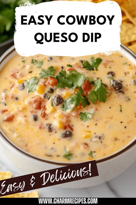 Cook up a delicious Cowboy Queso dip that's perfect for any gathering. This simple Tex-Mex recipe features creamy Velveeta cheese blended with spicy jalapeños, flavorful seasonings, and your choice of meat, creating an irresistible appetizer that everyone will love. Serve with tortilla chips for the ultimate party snack that brings bold flavors and a satisfying creamy texture to every bite. Ideal for game days, BBQs, or casual get-togethers, this dip will surely be the highlight of the event. White Queso Velveeta Dip, Cold Queso Dip Recipe, Queso Dip Recipe With Meat, Copycat Bww Queso Dip, Dips To Go With Taco Bar, Smoked Velveeta Queso, Cowboy Cheese Dip Crockpot, Best Mexican Cheese Dip, Tostitos Cheese Dip Recipes