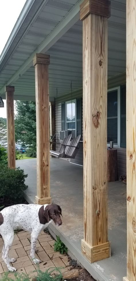 Reframing front porch columns 4x4 Front Porch Post Ideas, Diy Wooden Porch Columns, Raw Cedar Posts Front Porch, Natural Wood Porch Posts, Rustic Covered Porch, Replacing Columns On Front Porch, Rustic Cedar Posts Front Porch Columns, Wrap Wrought Iron Porch Columns, Redo Front Porch Columns