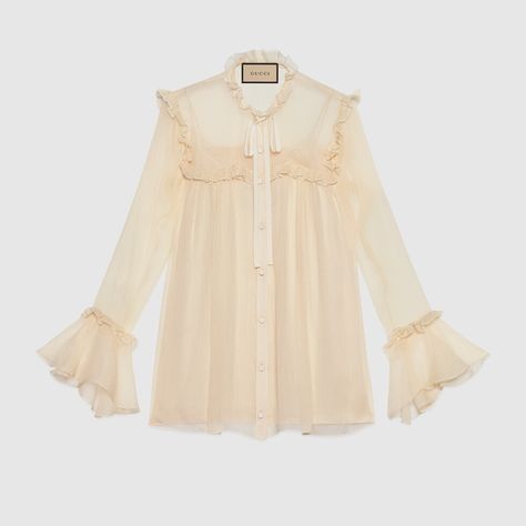 Shop the Silk chiffon ruffle shirt in white at GUCCI.COM. Enjoy Free Shipping and Complimentary Gift Wrapping. Gucci Top, Designer Tops, Designer Shirts, Ruffle Shirt, Chiffon Ruffle, Shirts Women, Ruffle Collar, Chiffon Shirt, Shirts For Women