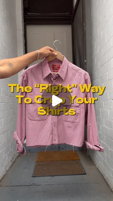 Sammy on Instagram: "The “Right” Way To Crop Your Shirts…  Throw your scissors in the bin!! ✂️ 🗑️   Just kidding don’t do that but do get yourself a rotary cutter. If you want to crop your button up shirts or t-shirts, a rotary cutter is what’s gonna get it clean and precise. 🧼   Pick one up online or at any sewing/crafts store!   Tutorial on how to hem a shirt coming soon 👀   #cropshirt #croptshirt #croptee #croptop #thrifting#vintagetshirt #cropstyle #cropfashion #tutorial #fyp" Cropping A Shirt, How To Crop A Shirt With Scissors, How To Crop A Button Up Shirt, Cropping Tshirts Diy, Cropped Shirt Diy, Hem A Shirt, How To Crop A Shirt, Cropped Button Up Shirt, Stunning Tops