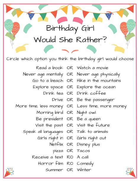 Would She Rather Birthday Game for Her Party - Etsy Canada What To Do At A Teenage Birthday Party, Birthday Party Get To Know You Games, Birthday Would She Rather, Women Birthday Games, 15 Bday Party Games, Games For A Party For Adults, Fun Games To Play At A 13th Birthday Party, Games For Girls Party, Things To Do For Your 13th Birthday Party