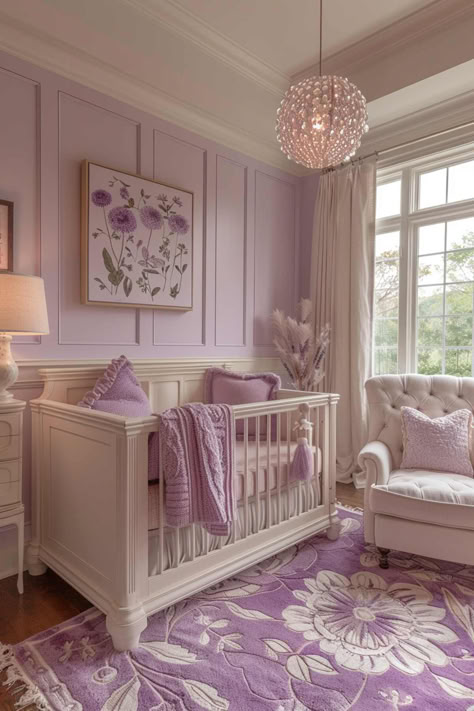 50 Charming Baby Girl Nursery Ideas for Your Little Princess Periwinkle Nursery Gender Neutral, Princess Theme Nursery Ideas, Baby Girl Room Color Ideas, Tangled Nursery Theme Rapunzel, Plum Nursery Girl, Lilac Nursery Ideas, Hello Kitty Nursery Ideas Baby, Baby Girl Nursery Lavender, Purple Butterfly Nursery Baby Girl