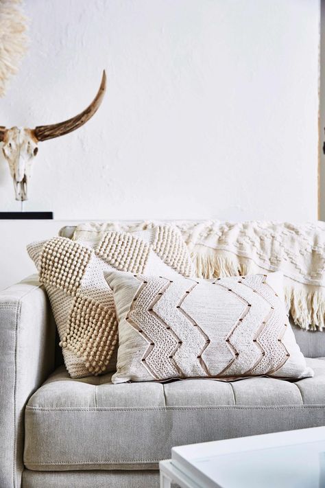 How To Style Cushions On Sofa, Sofa Styling Cushions, Cushion Photography, Tan Couch, Cushion Arrangement, Tan Sofa, Hampton Sofa, Two Seater Couch, Couch Styling