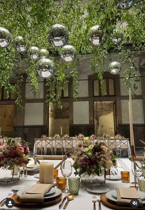 Disco Ball Decorations Wedding, Mirror Ball Wedding Decor, Disco Balls Wedding Decor, Disco Ball Greenery, Hanging Flowers And Disco Balls, Disco Balls Wedding, Disco Ball Ceiling Wedding, Disco Ball And Greenery Ceiling, Disco Greenery Wedding