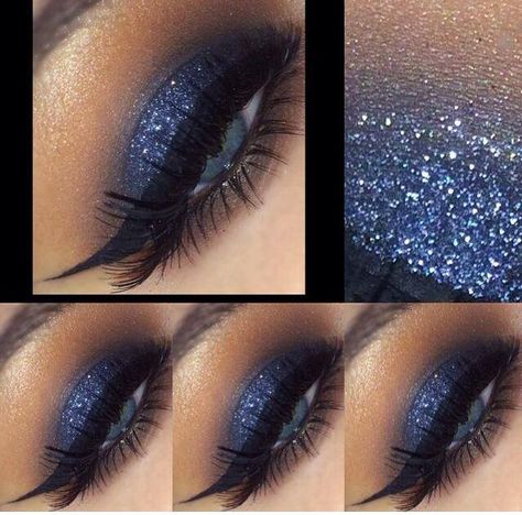 MK Moonstone, Almond, Midnight Star (LAColor 5) Eye Kandy's Glitter Berry Blast Glitter Face Makeup, Sweet 16 Makeup, Midnight Blue Wedding, Smokey Eye Makeup Steps, Quinceanera Makeup, Sparkle Eyeshadow, Quinceañera Ideas, Blue Makeup Looks, Makeup Pictorial