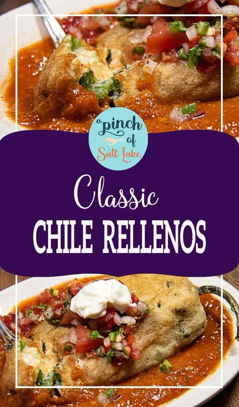 This classic Chili Relleno recipe is Tex Mex comfort food. Battered and deep-fried roasted chiles are stuffed with cheesy goodness and nestled in a fresh tomato sauce. Sauce For Chile Rellenos Recipe, How To Make Chili Rellenos, Chili Relleno Sauce Recipe, Chili Renos Chile Relleno Easy Recipes, Chili Relleno Sauce, Chilie Rellenos, Relleno Recipes, Chile Relleno Sauce, Chili Rellanos