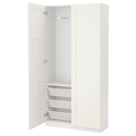 PAX Wardrobe, white, Bergsbo white, 39 3/8x15x79 1/4". This wardrobe combination is just as good looking on the outside as it is clever on the inside. Built to last years of outfits. Shallow Wardrobe, Pax Corner Wardrobe, Armoire Pax, Pax System, Ikea Closet, Ikea Pax Wardrobe, Corner Wardrobe, Open Wardrobe, Ikea Living Room