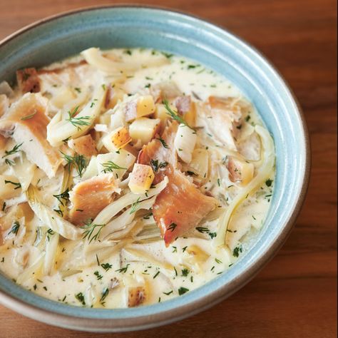 Here’s a fresh take on a classic chowder, made with flavorful smoked fish. For a lighter version, use whole milk in place of the cream. ... read more Trout Chowder, Smoked Trout Recipe, Soup Cauliflower, Plating Food, Presentation Food, Fish Chowder, Trout Recipes, Smoked Trout, Chowder Recipe