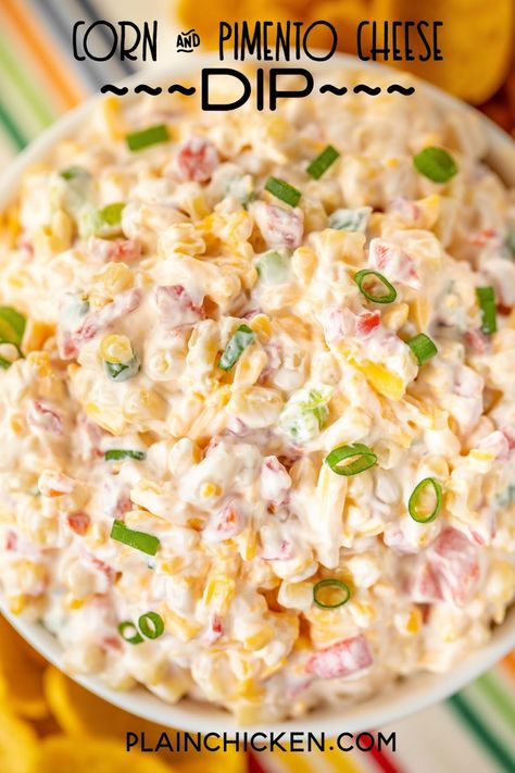 Corn & Pimento Cheese Dip - a quick and easy dip that is great for watching The Masters and all your spring and summer cookouts! Can serve as a dip with chips or as a side dish. Corn, pimentos, green onions, garlic salt, cheddar cheese, mayonnaise, and sour cream. Can make in advance and refrigerate until ready to serve. I can't go to a party without bringing this dip! I never have any leftovers! #dip #pimentocheese #sidedish #cornsalad #appetizer Plain Chicken Recipe, Cheese Corn Casserole, Pimento Cheese Dip, Pimento Cheese Sandwiches, Easy Dip, Savory Salads, Corn Dip, Easy Dips, Plain Chicken