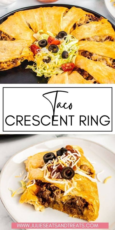 Mix up your Taco Tuesday dinner with this easy Taco Ring! Flaky crescent roll rough that's stuffed with taco meat and cheese. Slice it and serve with your favorite taco topping like salsa, guacamole, sour cream, diced tomatoes, lettuce and more. The perfect Tex-Mex Dinner recipe that's easy to make. Taco Crescent Ring, Crescent Rings, Hamburger Meals, Tuesday Dinner, Taco Ring, Cheese Slice, Salsa Guacamole, Crescent Ring, Taco Pasta