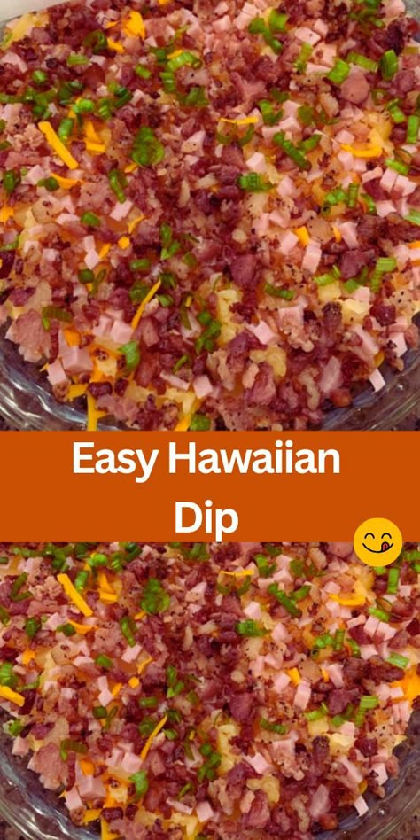 Discover a taste of the tropics with our Easy Hawaiian Dip recipe! Creamy cream cheese, tangy pineapple, savory ham, crispy bacon, and shredded cheddar cheese come together in this irresistible appetizer. Perfect for parties, gatherings, or snacking at home. Serve with crackers, chips, or veggies for a delicious treat. Luau Snacks, Hawaiian Dip, Hawaiian Appetizers, Tropical Party Foods, Summer Dip Recipes, Hawaiian Party Food, Hawaiian Snacks, Summer Dip, Savory Ham