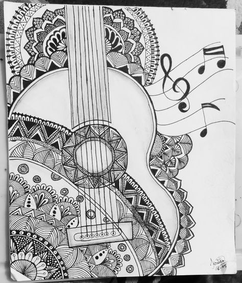 Guitar mandala #bestart#mandalaart Mandala Art Of Guitar, Guitar Zentangle Art, Guitar Mandala Drawing, Guitar Mandala Art, Music Zentangle, Vignette Drawing, Mandala Guitar, Music Mandala, Easy Mandala Drawing