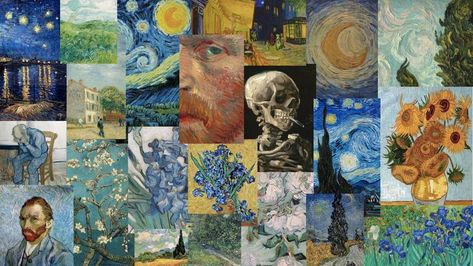 vincent van gogh art desktop wallpaper with flowers, skeleton, self portrait, starry night, landscape, sunflower Vincent Van Gogh Aesthetic, Starry Night Landscape, Art Desktop Wallpaper, Wallpaper With Flowers, Flowers Skeleton, Van Gogh Aesthetic, Starry Night Background, Van Gogh Wallpaper, Starry Night Wallpaper