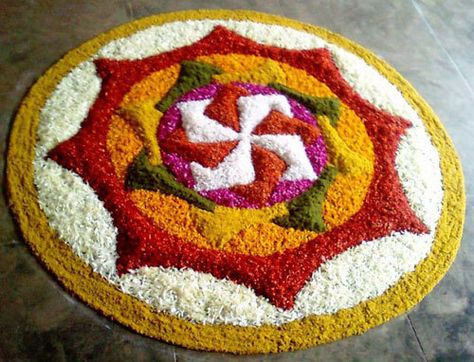 25 Most Colourful Rangoli Designs With Flowers To Try In 2018 Onam Pookalam Design, Puja Decoration, Pookalam Design, Rangoli Designs For Competition, Thali Decoration Ideas, Latest Rangoli, Festival Rangoli, Pooja Thali, Fruit Decor