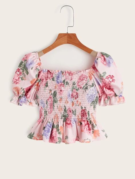 SHEIN Girls Floral Print Shirred Bodice Ruffle Hem Top | SHEIN USA Floral Puff Sleeve Top, Lace Blouse Design, Kids Summer Dresses, Fancy Tops, Ootd Outfits, Causal Outfits, Trendy Fashion Tops, Floral Peplum, Girls Blouse