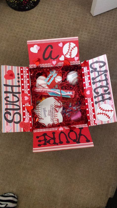 Baseball Box For Boyfriend, Valentines Gift For Boyfriend Baseball, Baseball Valentine Ideas Boyfriends, Baseball Care Package, Baseball Valentines Gifts, Baseball Bf Gifts, Baseball Basket Ideas For Boyfriend, Baseball Gifts For Boyfriend, Baseball Bf