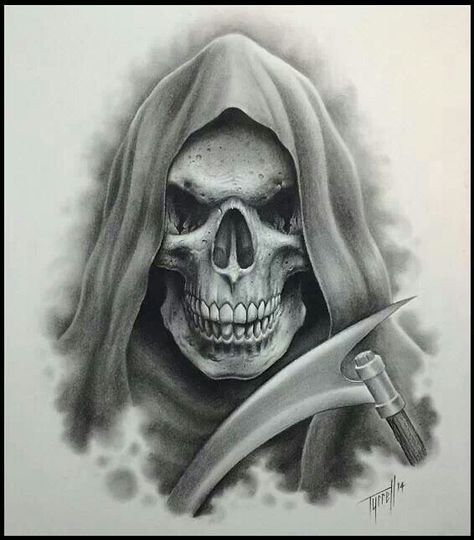 Reaper Grim Reaper Skull Tattoo, Reaper Skull Tattoo, Grim Reaper Tattoo Designs, Reaper Tattoo Designs, Skull Drawing Sketches, Grim Reaper Skull, Skull Tattoo Designs, Evil Skull Tattoo, Catrina Tattoo