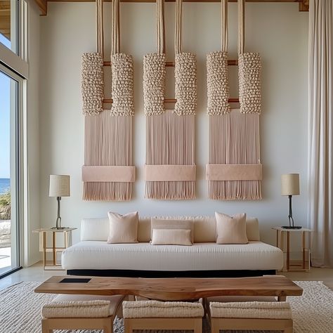 Embrace Coastal Serenity:These Pink Macrame Wall Art collection invites you to transform your space with a ... Trending Macrame, Macrame Decor Ideas, Miami Interior Design, Sustainable Interior Design, Textile Wall Art, Macrame Wall Hanging Diy, Macrame Wall Hanging Patterns, Modern Office Design, Coastal Living Room