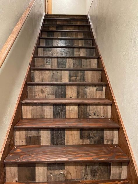 Cabin Stairs Ideas, Rustic Stair Treads, Stair Backing Ideas, Stairwell Remodel, Barn Wood Stairs, Staircase Remodel Diy, Stairs Repair, Newest Ideas, Cabin Stairs