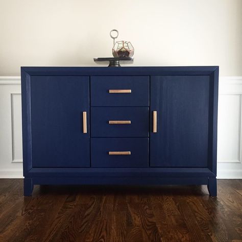 Solid wood buffet sideboard painted in rich navy blue chalk paint with gold drawer pulls. Awesome transformation. Navy Blue Buffet Cabinet, Navy Blue Buffet Sideboard, Navy Blue Sideboard, Navy Chalk Paint Furniture, Navy Buffet Sideboard, Navy Blue Chalk Paint Furniture, Navy Blue Buffet, Navy Buffet, Blue Buffet Sideboard