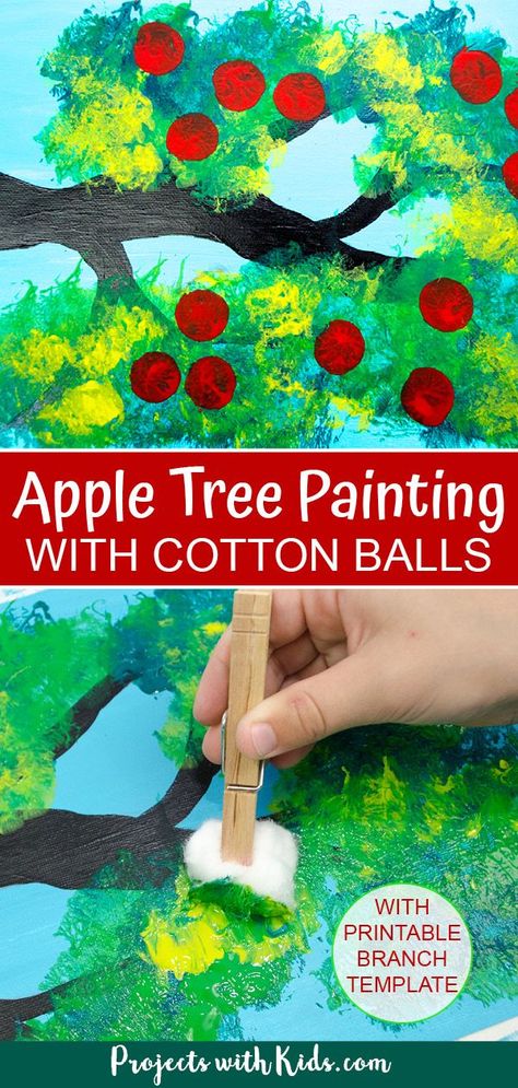 Painting With Cotton Balls, Apple Balls, Apple Tree Painting, Apple Art Projects, September Crafts, Apple Craft, Fall Arts And Crafts, Apple Painting, Fall Art Projects