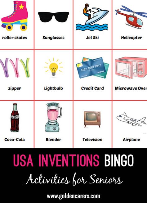 USA Inventions Bingo: A great way to learn about the things that were invented in the USA. Nursing Home Activities, Activities For Seniors, Elderly Activities, Activity Director, I Really Love You, Senior Care, Diy Activities, Free Activities, Really Love You