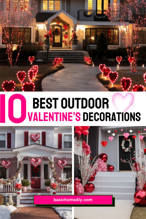 Decorate your front porch for Valentine's Day with these easy outdoor Valentine’s Day decor ideas for porch and yard. These simple and easy Valentine's Day outdoor decorations are charming and include some great Dollar Tree DIY Valentine's Day holiday decorating ideas to elevate your yard aesthetic. We've included outdoor lights and front porch Valentine's Day wreath ideas for Valentines Day farmhouse decoration ideas and more to make this holiday great. Valentine’s Day Yard Decorations, Outdoor Valentines Decorations, Valentines Patio Decor, Valentine Outside Decorations, Valentine Front Door Decor Ideas, Valentines Porch Decorations, Valentine’s Day Outdoor Decorations, Diy Valentines Decorations Outdoor, Large Valentines Day Decorations