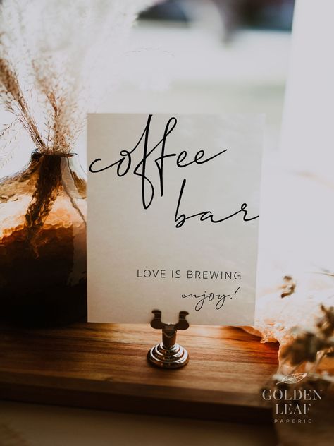 Diy Wedding Coffee Bar, Engagement Party Coffee Bar, Iced Coffee Hour Wedding, Fall Wedding Coffee Bar, Iced Coffee Bar Wedding, Coffee Bar Ideas For Wedding, Love Is Brewing Bridal Shower Decor, Coffee Bar Bridal Shower Ideas, Coffee Bar At Wedding