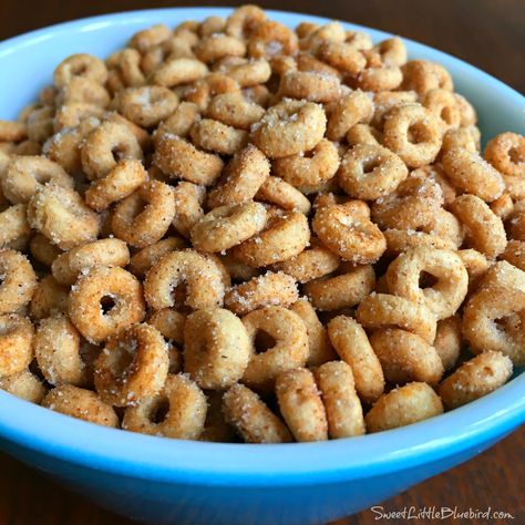 Mini Doughnut Hot Buttered Cheerios - Sweet Little Bluebird Fried Cheerios, Hot Buttered Cheerios, Buttered Cheerios, Cheerios Recipes, Mini Doughnuts, Snack Mixes, Snack Mix Recipes, Chex Mix, Snack Foods