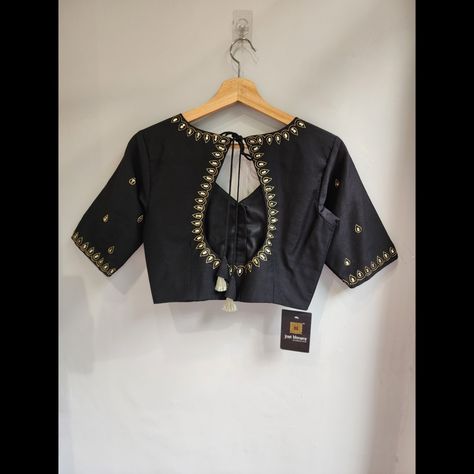 Kasab and tikki work blouse with minimal yet elegant handwork go match with any of your silk sarees ! Black Blouse Designs For Saree, Black Saree Blouse Designs, Black Saree Blouse, Black Blouse Designs, Handwork Blouse, Saree Silk, Blouse Designs Silk, Black Saree, Blouse Work