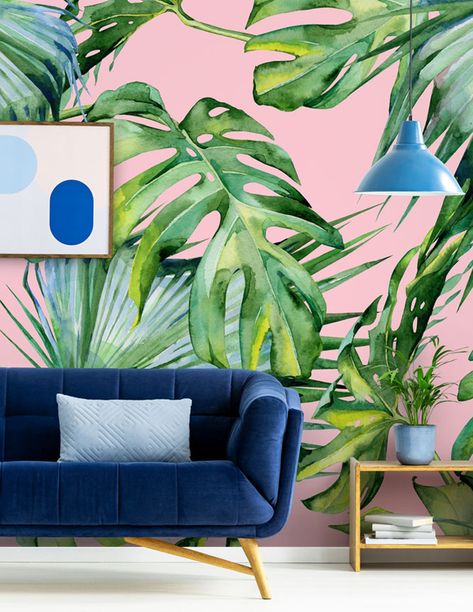 Pink Jungle Wallpaper, Caribbean Bedroom, Backyard Mural, Tree Wallpaper Bedroom, Palm Tree Wallpaper, Jungle Wall Mural, Palm Trees Wallpaper, Feature Wall Bedroom, Jungle Decor