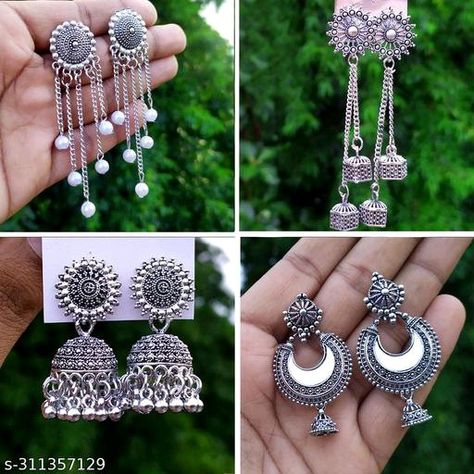 Earrings With Mangtika, Silver Ear Rings, Silver Earrings Long, Earrings Combo, Earrings Oxidised, Silver Earrings Set, Earrings Jhumka, Small Silver Earrings, Top Earrings