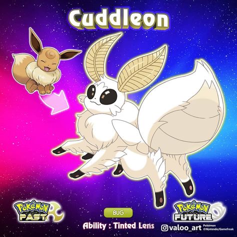 Meet the Bug-type Eeveelution, Cuddleon!  Cuddleon evolves from Eevee when leveled up while holding a Silver Powder and having at least two levels of affection Cuddleon is extremely affectionate Pokémon. Whenever it released from its Pokeball, it would immediately jump and cling to its trainer to show its love and affection  Cuddleon is based on a Silkworm Moth _____________________________________ #pokemon #fakemon #nintendo #gamefreak #pokedex #pokemonart #pokemonsun #pokemonmoon #love #anime Silkworm Moth, Eevee Pikachu, Pokemon Fakemon, Pokemon Eevee Evolutions, Pokemon Moon, Pokemon Breeds, Oc Pokemon, Pokemon Eeveelutions, Pokemon Oc