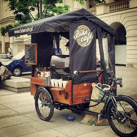 Bike Cafe, Warsaw, Poland.  Nice and simple ( as long as the weather is ok!) PopUp Republic Visual Anthropology, Bike Cafe, Gerobak Dorong, Bike Food, Mobile Cafe, Bike Cart, Coffee Bike, Food Truck Business, Meals On Wheels