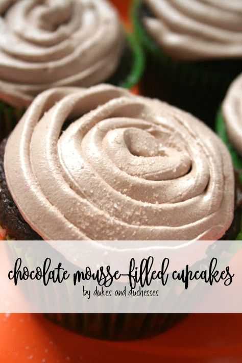 easy chocolate mousse filled cupcakes Chocolate Mouse Cupcakes, Chocolate Mousse Cake Filling Recipe, Chocolate Mousse Cupcakes, Chocolate Mousse Filling, Chocolate Mousse Cupcake Filling, Chocolate Mouse Cake Filling Recipe, Chocolate Filled Cupcake Recipes, Filled Chocolate Cupcakes, Whipped Chocolate Frosting