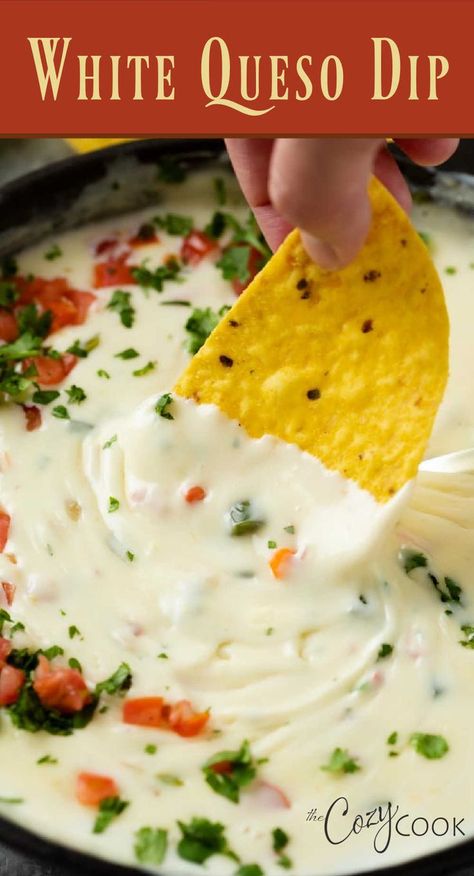 Dip Recipes Crockpot, Nachos Cheese Recipe, White Queso Dip, White Queso, Tailgating Food, Cozy Cook, Tortilla Chip, Queso Dip Recipes, Chicken Tetrazzini