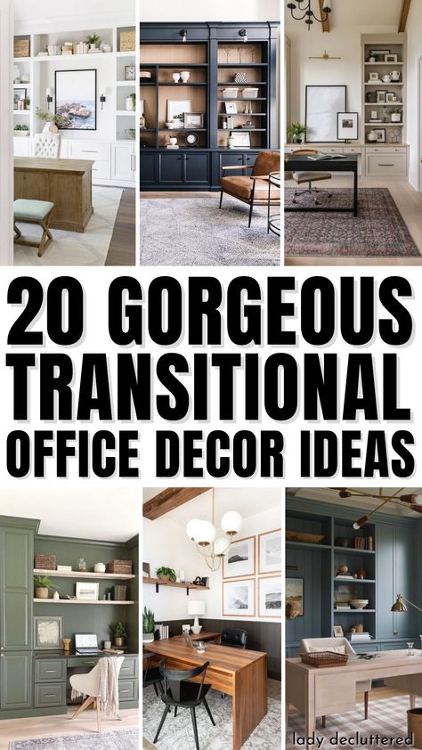 20 Gorgeous Transitional Home Office Decor Ideas Trendy Home Office Ideas, 2024 Home Office Trends, Office Remodel Home, Feminine Home Office Classy Modern, Study Office Room Ideas, Home Office Ideas With Built Ins, Home Office Styling, Office Decorating Ideas For Work Modern, Den Office Ideas