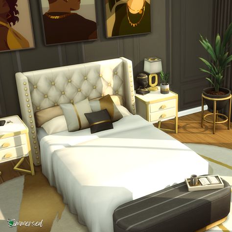 An elegant, luxury bedroom built with the newest The Sims 4 kit, Modern Luxe. #thesims4 #simsbuild #showusyourbuilds #sims4maxismatch #sims #ts4 #sims4modernluxe #sims4roombuild Sims Modern Bedroom, Sims 4 Cc Elegant Furniture, Sims 4 Platinumluxesims, Sims 4 Master Room Ideas, Sims 4 Luxury Bedroom, Sims 4 Cc Luxury Bedroom, Sims Master Room, Modern Bedroom Sims 4, Sims 4 Master Bed Ideas