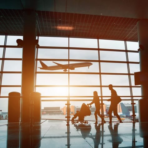 people in airport, silhouette of young family with baby traveling by plane, vacations. In Plane, Airport Photography Ideas, Travel By Plane, Family In Airport Aesthetic, Family Airport Pictures, Family Travel Aesthetic, Taking Flight Aesthetic, Airport Shots Travel, Family In Airport