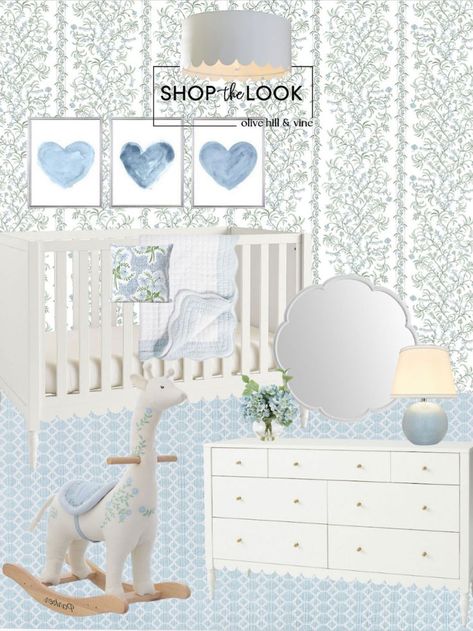 Pale blue sets the serene tone for this girl’s nursery. Delicate floral wallpaper adds charm, accented by a trio of blue heart artworks. Our favorite surprise: a giraffe rocking horse! Blue hydrangeas bring nature in. The white convertible crib and dresser with scalloped detailing match the flush mount light and accent mirror perfectly. Follow my shop @OliveHillandVine on the @shop.LTK app to shop this post! Blue Girl Nursery, Blue Nursery Girl, White Convertible, Nursery Decor Inspiration, Heart Artwork, Marble End Tables, Duck Art, Blue Hydrangeas, Blue Girl