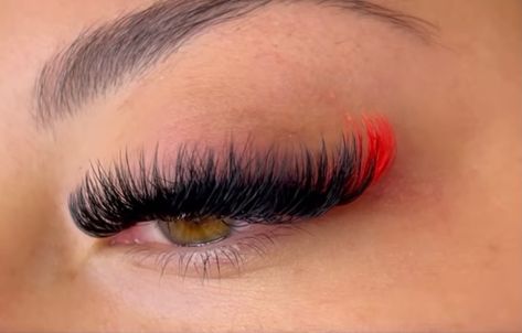 Eyelash Extensions With Red At The End, Lashes With Red At The End, Lash Extensions With Red Color, Red Lash Extensions Styles, Black And White Eyelash Extensions, Colour Lash Extensions, Colour Eyelash Extensions, Red And Black Lashes, Lash Extensions With Red