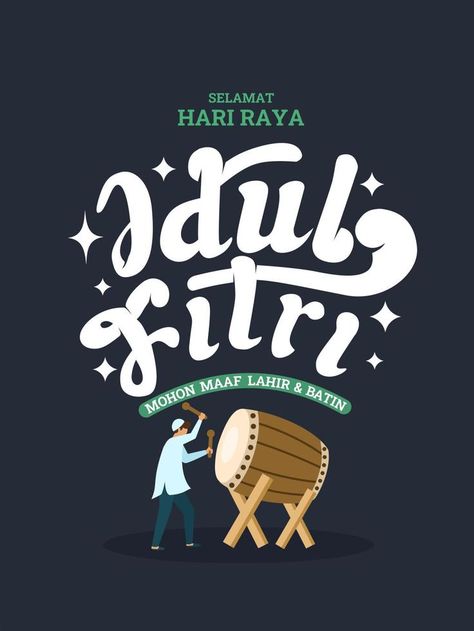 Selamat Idul Fitri Typography. Translation Happy Eid Al-Fitr, with an illustration of a boy playing a drum. Eid Mubarak Typography, Selamat Idul Fitri, Eid Fitr, Eid Card, Eid Card Designs, Selamat Hari Raya, Eid Al Fitr, Graphic Tshirt Design, Hari Raya