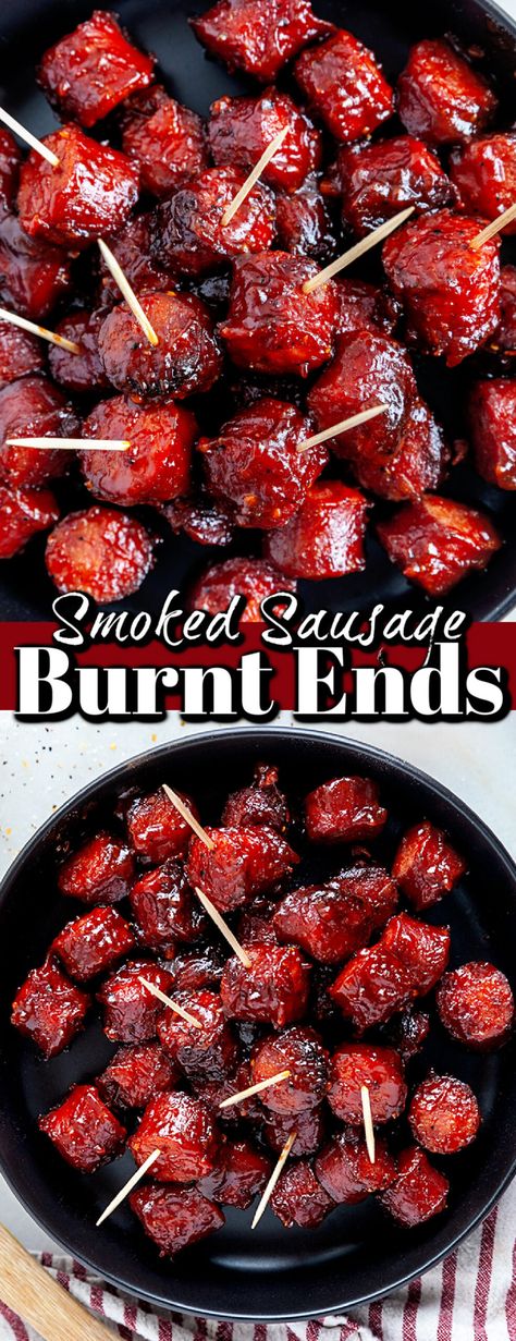 These smoked sausage burnt ends are as superlatively tasty as they are easy! Better make a double batch; they are going to disappear quickly! Lil Smokies Burnt Ends, Smoked Sausage Burnt Ends In Oven, Beans Bacon And Burnt Ends, Sausage On The Smoker, Sausage Burnt Ends Oven, Smoked Sausage On Pellet Grill, Kielbasa Burnt Ends, Grilled Smoked Sausage Recipes, Smoked Sausage Burnt Ends