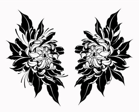 Japanese Dark Tattoo, Japan Tatoos Design, Chrysanthemum Chest Tattoo, Goth Flowers Tattoo, Chrysanthemum Tattoo Black, Knee Tattoo Flower, Inner Hip Tattoos Women, Black Chrysanthemum Tattoo, Chrysanthemum Tattoo Design