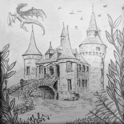 "Lost Garden - Castle and Dragon". I drew this very small and in pencil. It is only approximately 7cm x 7cm. Castles Drawing, Dragon And Castle, Dragons And Castles, Dragon Castle, Dragon Castle Drawing, Castle And Dragon Drawing, Drawing Bts, Castle With Dragon Drawing, Castle With Dragon