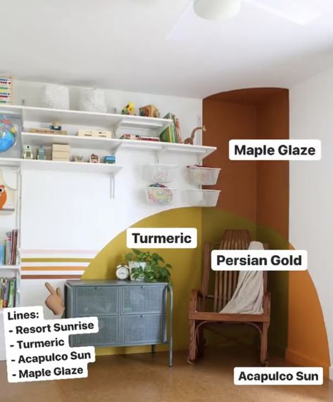 DIY 70s Wall Mural Magic — Dwell Aware Corner Mural Ideas, Hallway Mural Ideas Diy, 70s Accent Wall, 70s Paint Colors, 70s Office Aesthetic, Corner Wall Painting Ideas, Corner Wall Mural, 70s Stripe Wall, 70s Mural