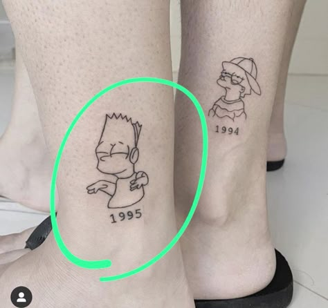 Simpsons Brother And Sister Tattoo, Bart And Lisa Matching Tattoos, Two Sisters One Brother Tattoos, Bart Simpson Tattoo Design, Lisa And Bart Simpson Tattoo, The Simpsons Tattoo Ideas, 3 Sibling Tattoos Brother And Sister, Bart And Lisa Tattoo, Lisa Simpson Tattoo